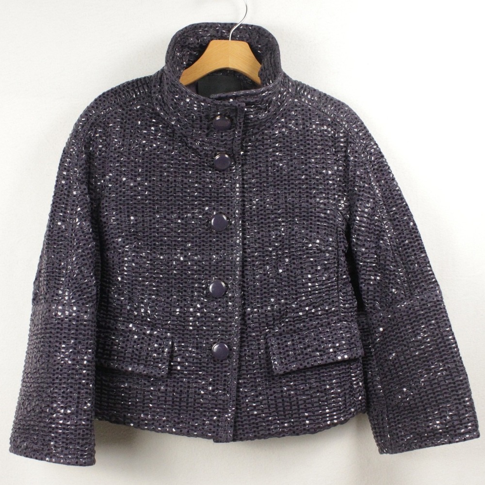 Carlisle Plum Ruched Textured Cropped Jacket Womens 4 High Neck Button Front